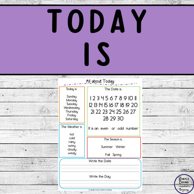 This freebie is a simple one page activity to help children learn about Today. It includes the day, the weather, the season and more.