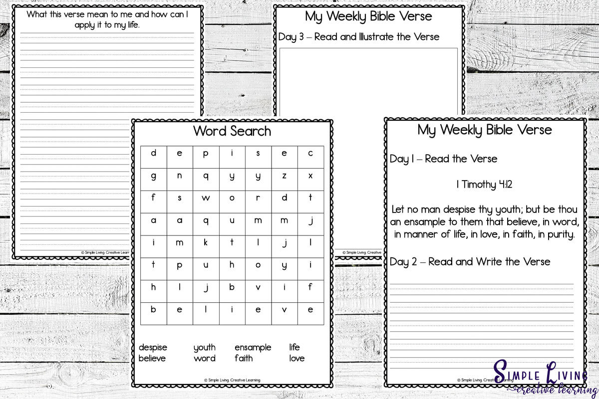 1 Timothy 4:12 Printables four activity pages