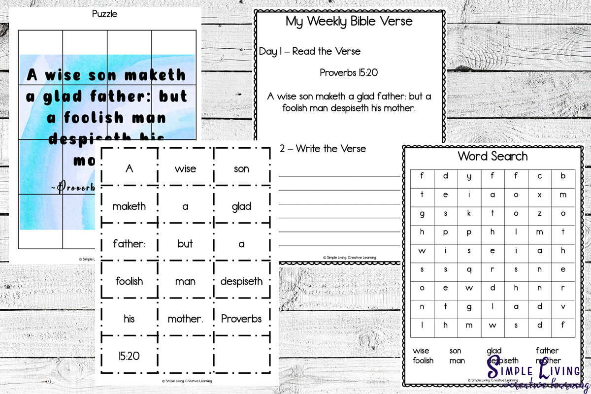 Memory Verse Printables - Proverbs 15:20 - four different pages
