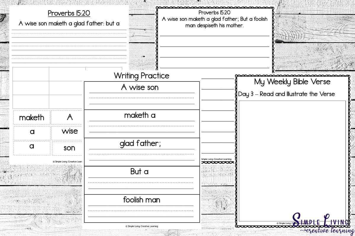 Memory Verse Printables - Proverbs 15:20 - four activity pages