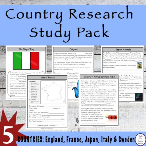 Take a trip around the world with this exciting Country Research Study Pack. The countries visited in this pack are France, England, Sweden, Italy and Japan.