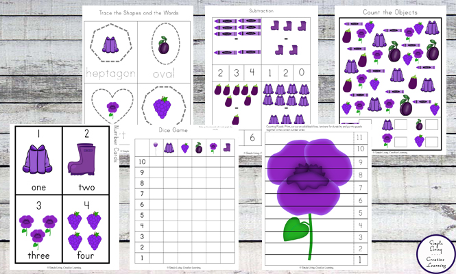 This Purple Printable Pack is aimed for children aged 3 - 9 and contains a variety of activities; simple math concepts, literacy and hands-on activities with a 'purple' theme. 