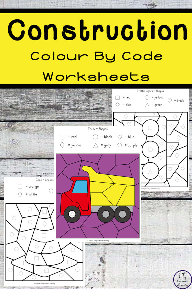 These Construction Colour by Shape Worksheets are an engaging way to practice shape and colour recognition while working on fine motor skills.