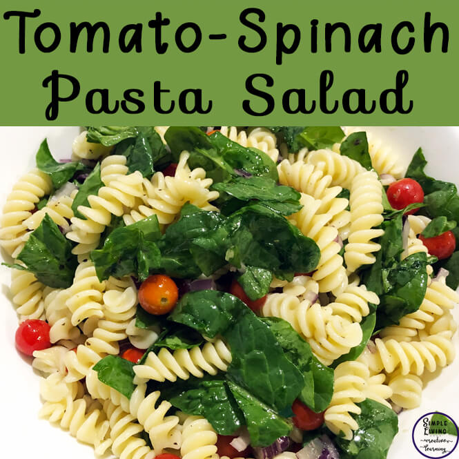 This tomato-spinach pasta salad is quick and easy to throw together and would be a great addition to any bbq, picnic or pot luck meal.