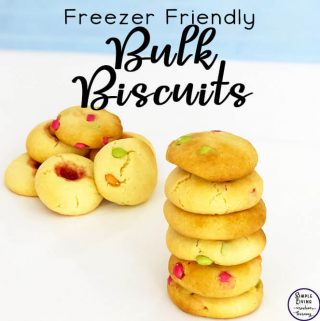 Biscuit lovers love this freezer friendly bulk biscuit recipe. These biscuits are great for snacks and to have on hand when guests pop over. And with only four ingredients, they are cheap and super easy to make.