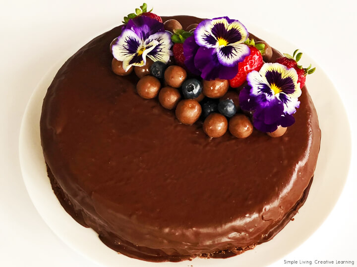 One Bowl Chocolate Cake with edible flowers and Maltese's