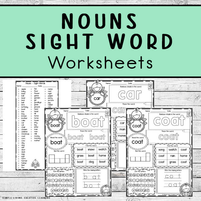 Noun Sight Word Worksheets examples and word list