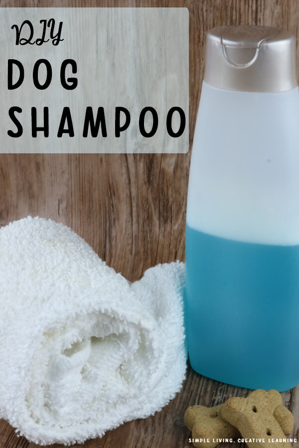 DIY Dog Shampoo in a bottle next to a towel