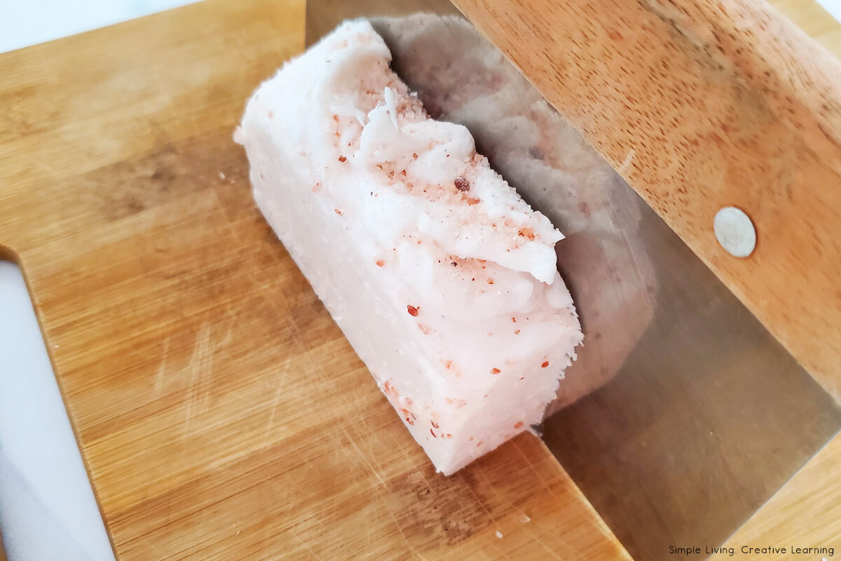 Exfoliating Himalayan Pink Salt Soap Bars pouring into mould cut into bars