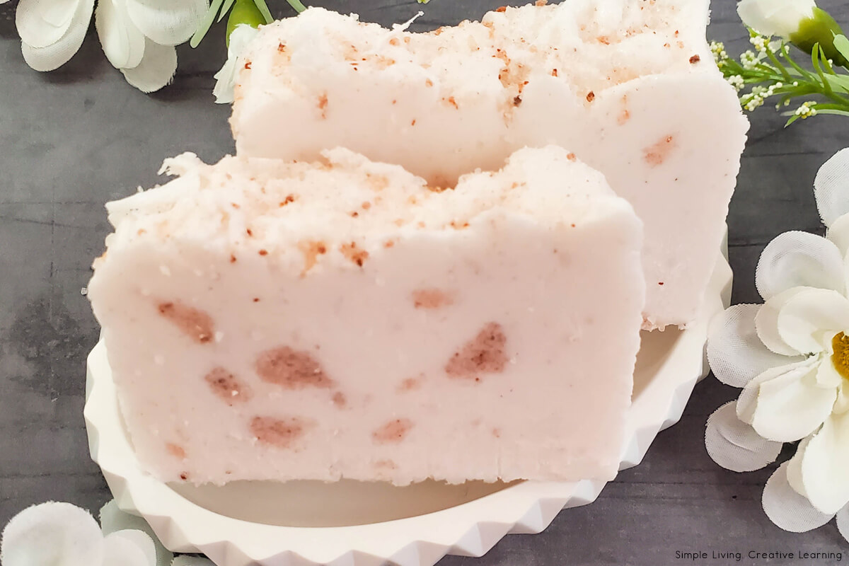 Exfoliating Himalayan Pink Salt Soap Bars pouring into mould finished bars