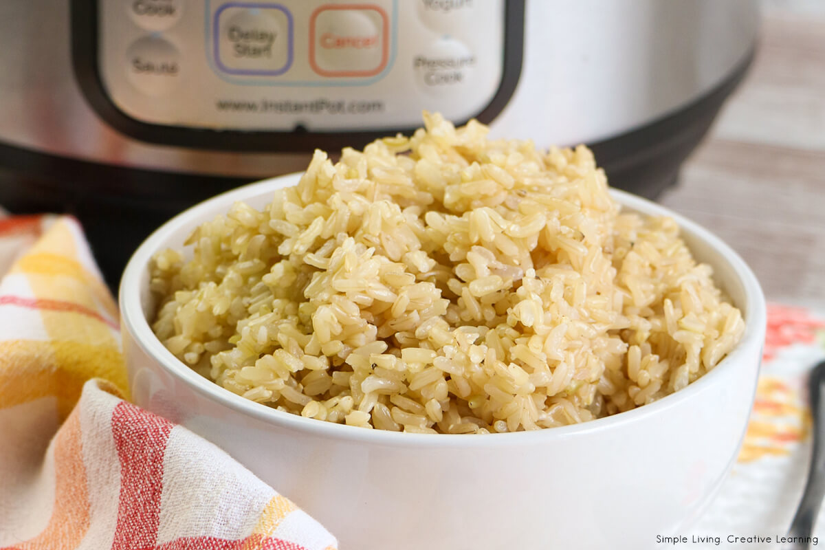 Instant Pot Brown Rice in a bowl in front of instant pot