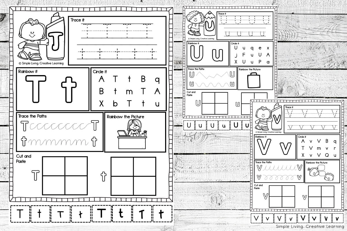 School Alphabet Worksheets - T to V pages
