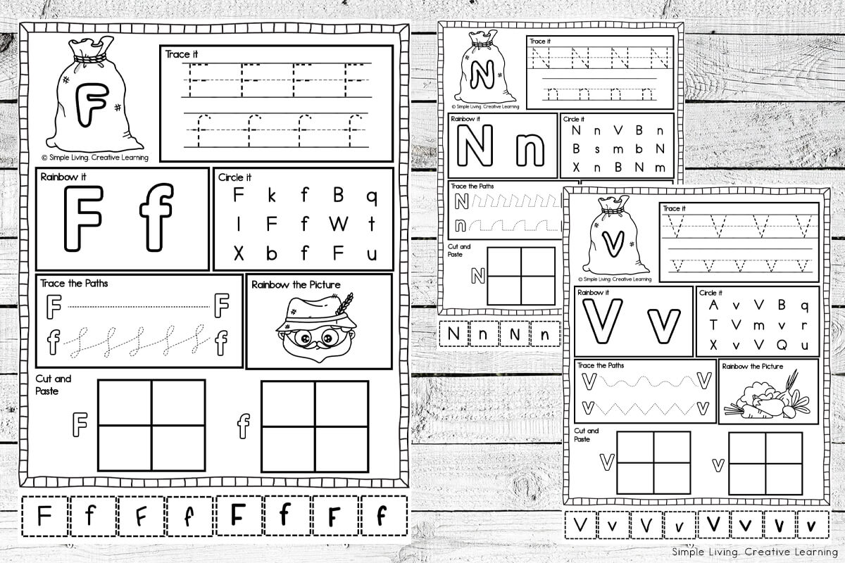 Farm Alphabet Worksheets one large, two small pages