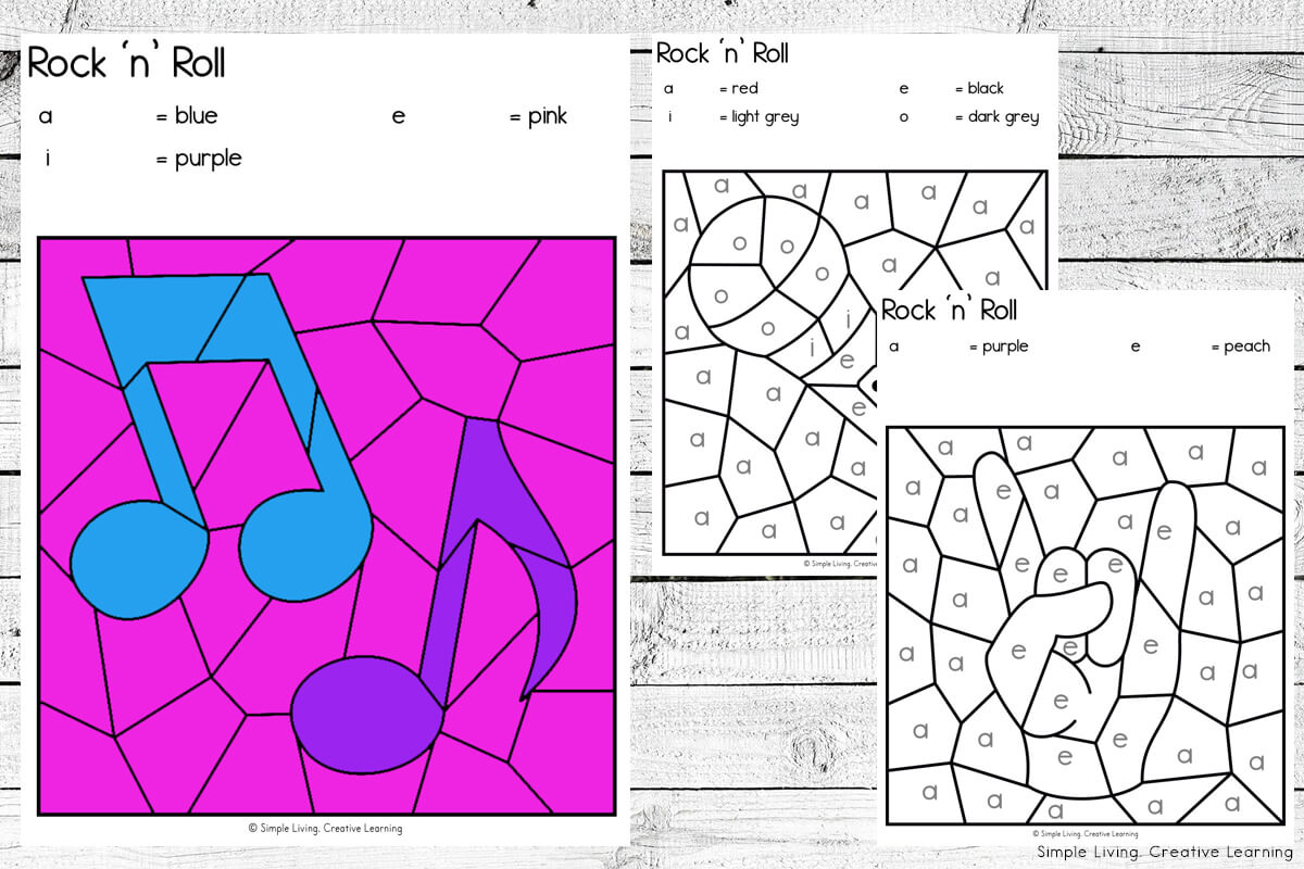 Rock 'n' Roll Colour By Code Worksheets three pages