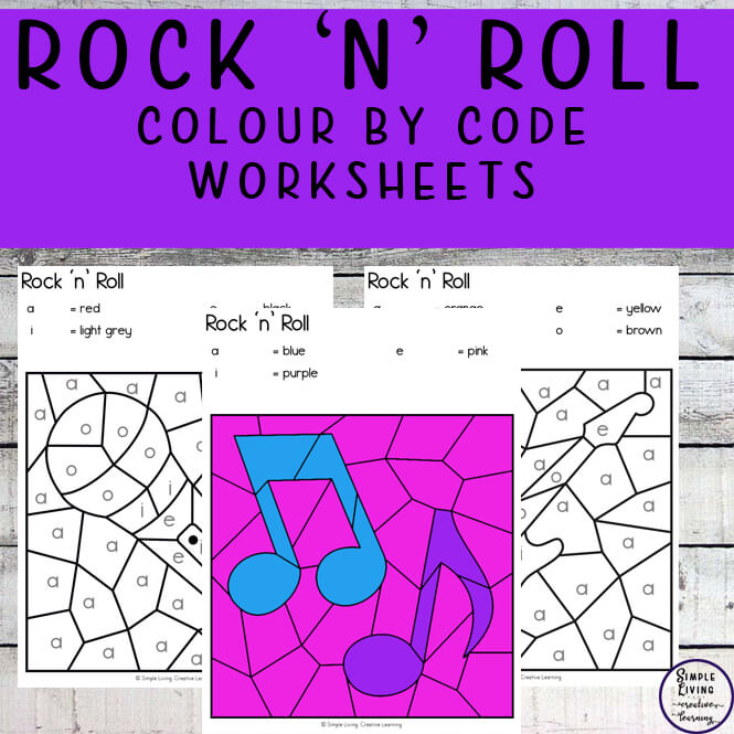 Rock 'n' Roll Colour By Code Worksheets four pages one coloured in