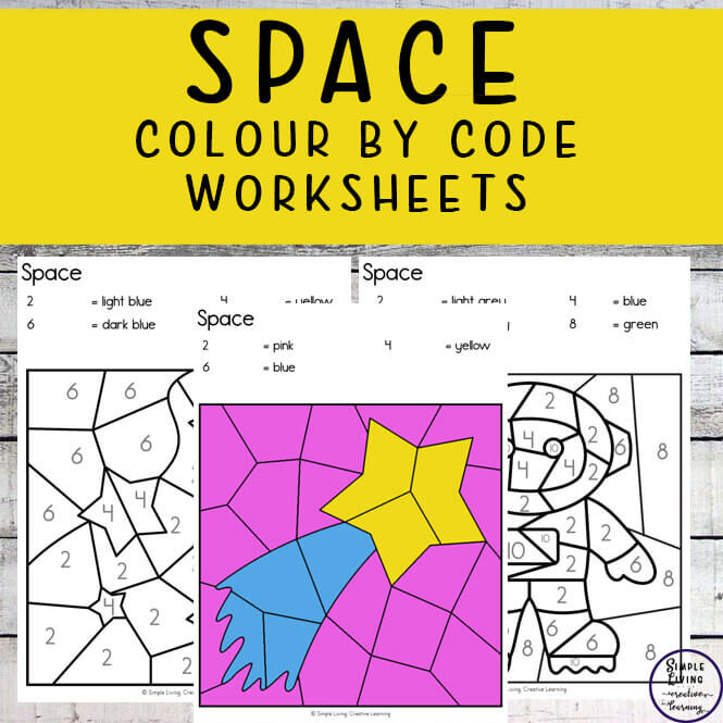 Space Colour By Code Worksheets three pages one coloured in