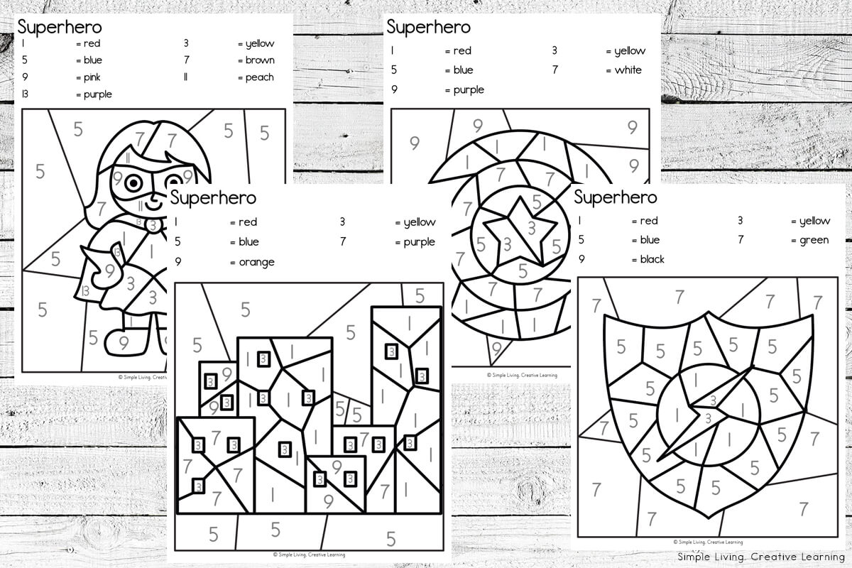 Superhero Colour By Code Worksheets four pages