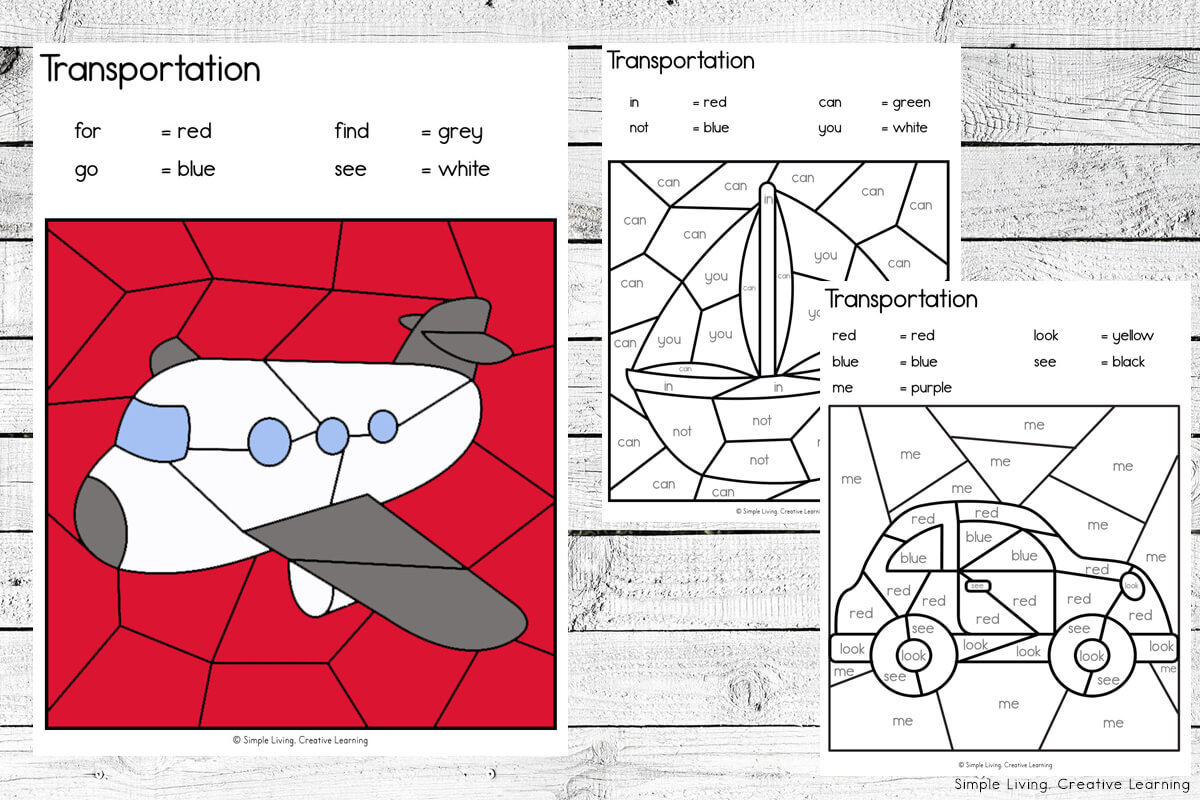 Transportation Colour By Code Worksheets three pages