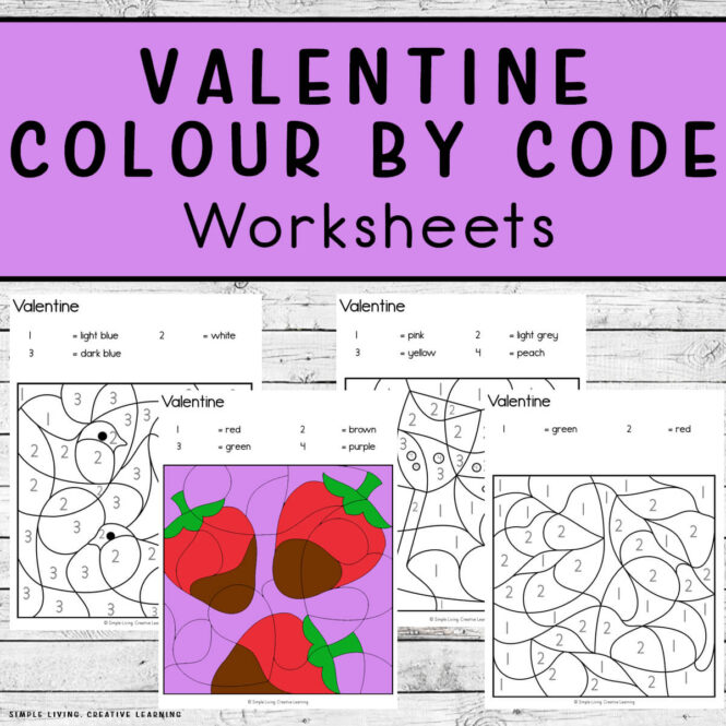 Valentine Colour By Code Worksheets four pages one coloured in