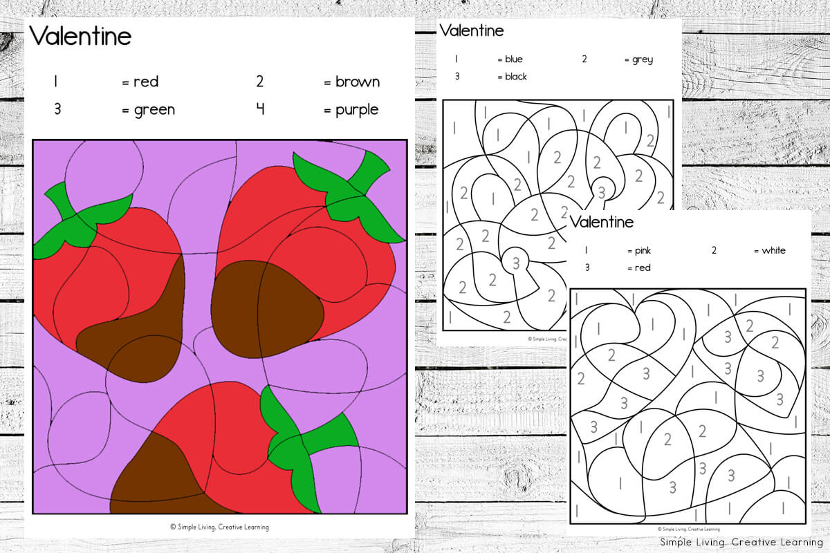 Valentine Colour By Code Worksheets three pages