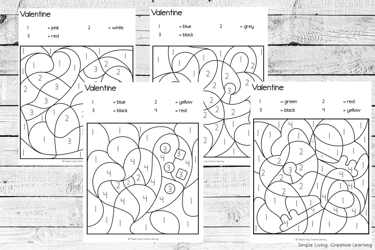 Valentine Colour By Code Worksheets four pages
