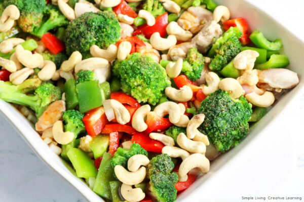 Low Carb Cashew Chicken preparing casserole for oven