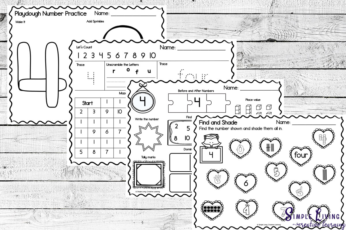 Number 4 Printables - four activity pages