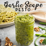 Garlic Scape Pesto in a glass jar