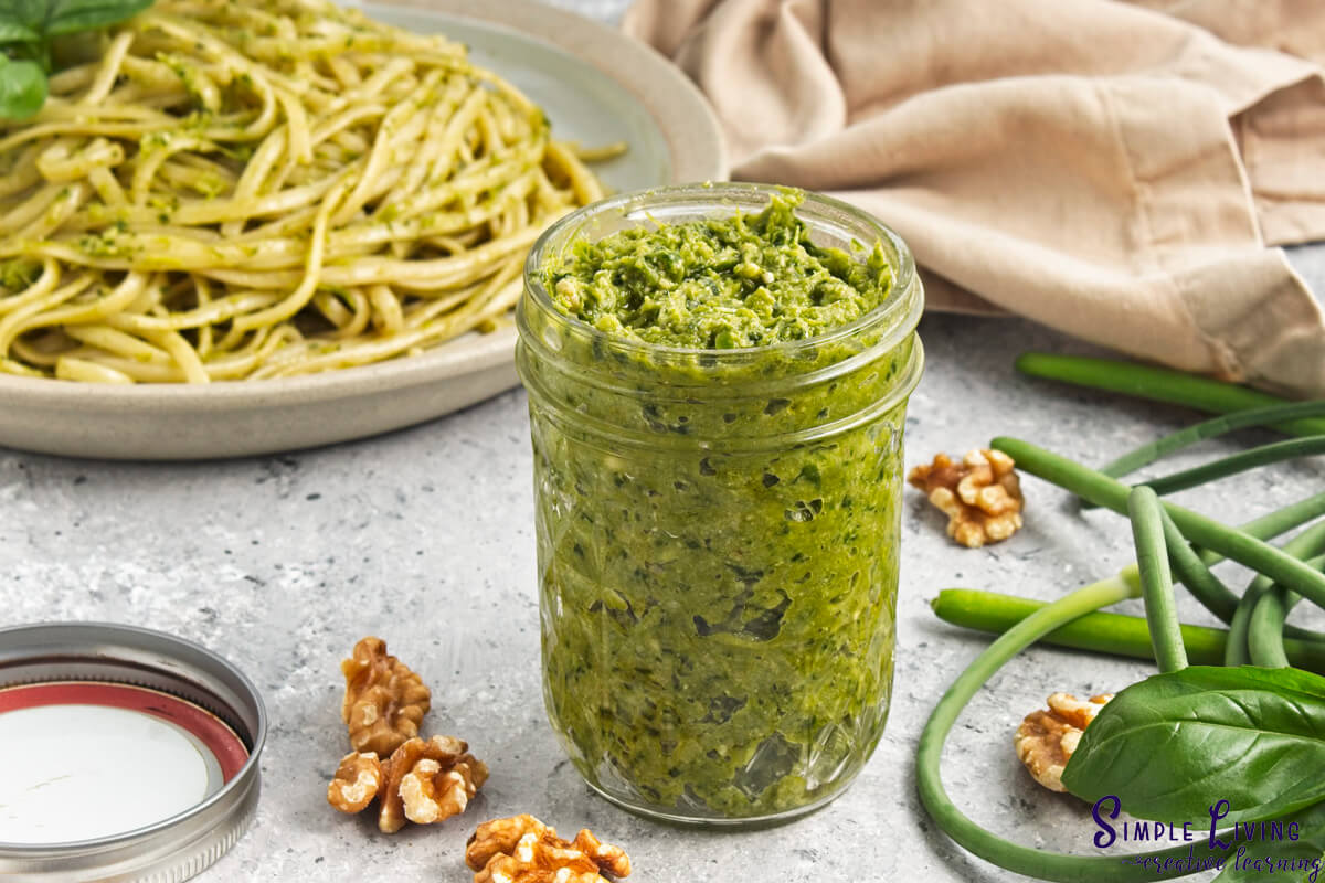 Garlic Scape Pesto in a glass jar all finished