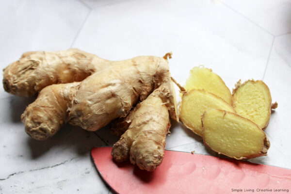 Homemade Honey Lemon Ginger Cough Drops cutting up the ginger