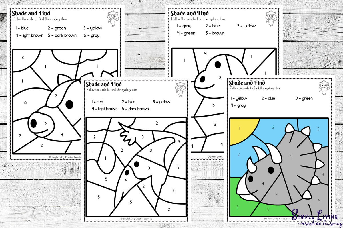 Dinosaur Colour By Code Worksheets three black and white pages and one colour page