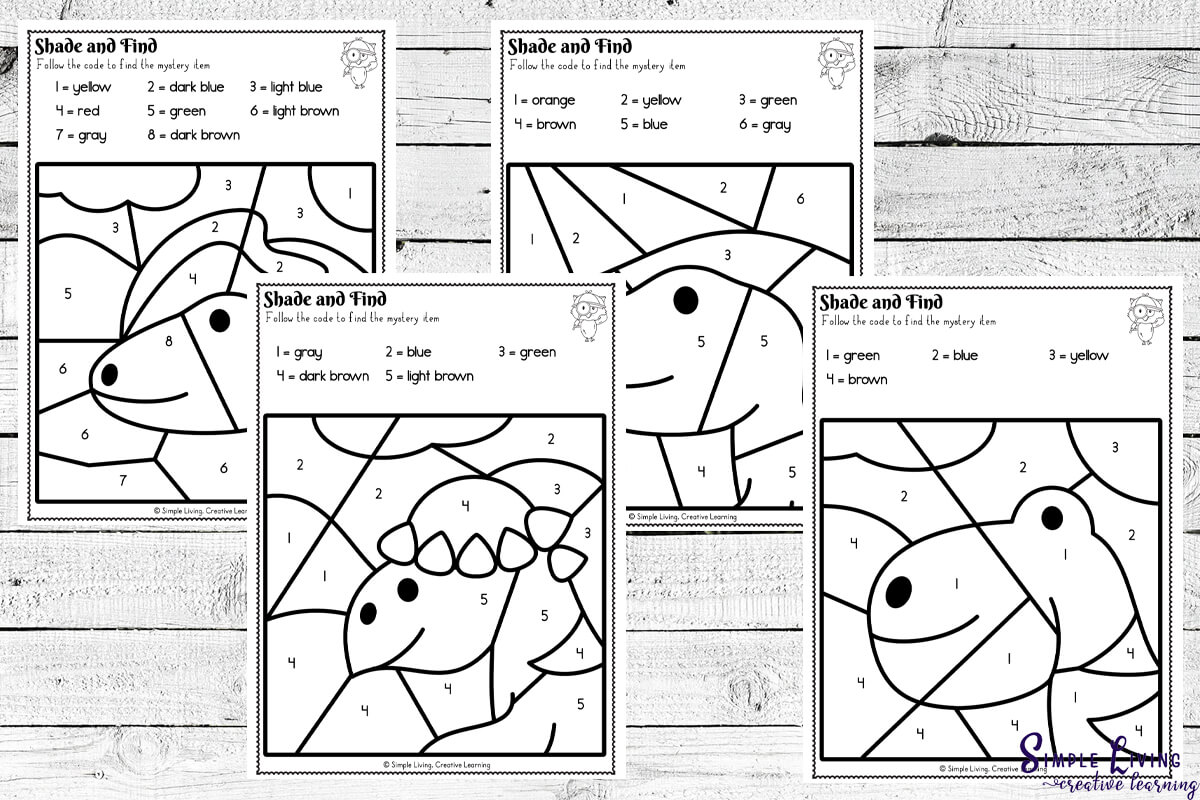 Dinosaur Colour By Code Worksheets four black and white pages