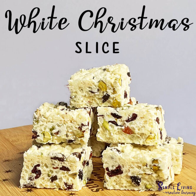 White Christmas Slice in a pile on a wooden board