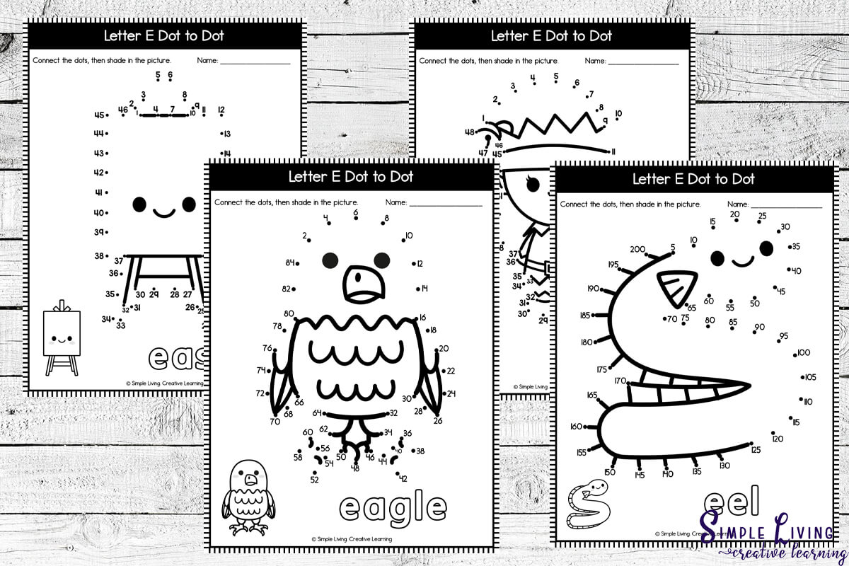 Letter E Dot-to-Dot Printables four different pages