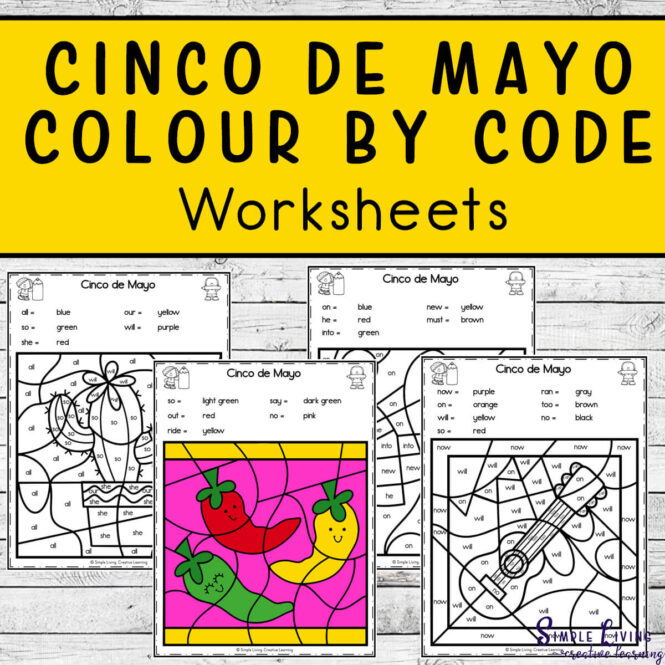 Cinco de Mayo Colour by Code Worksheets four pages three black and white one colour