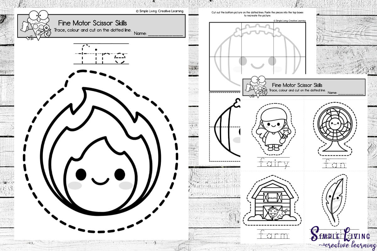 Letter F Scissor Skills Printables three pages