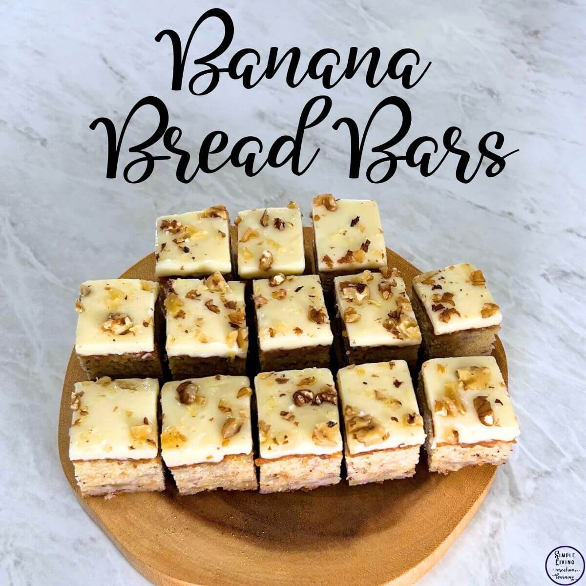 Banana Bread Bars on a wooden plate