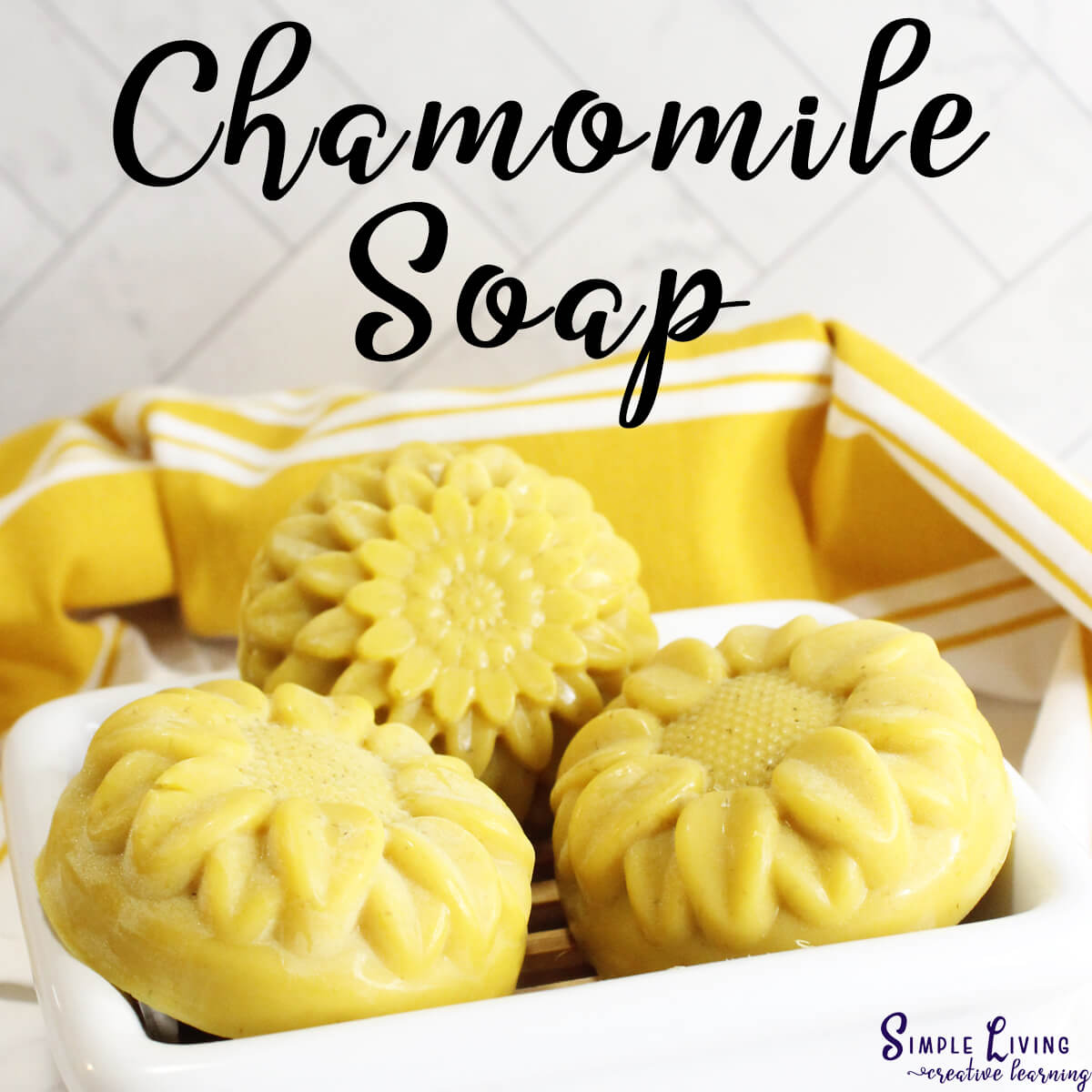 Natural Homemade Chamomile Soap - three in a white ceramic dish