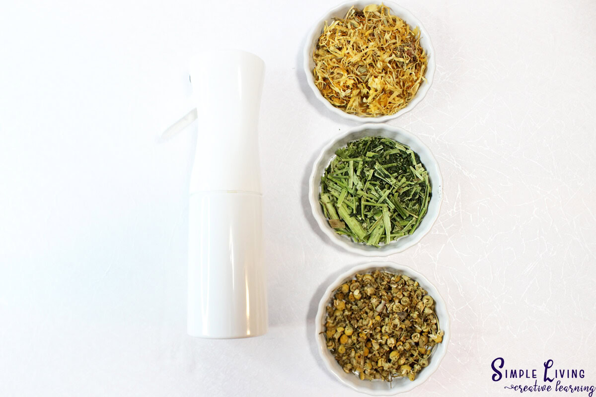 Homemade Jewelweed Spray laying down surrounded by herbs and flowers