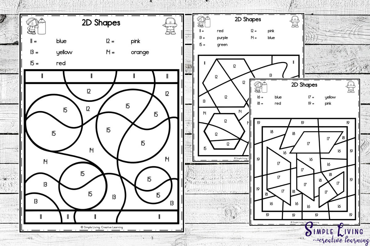 2d Shapes Colour by Code Worksheets three pages