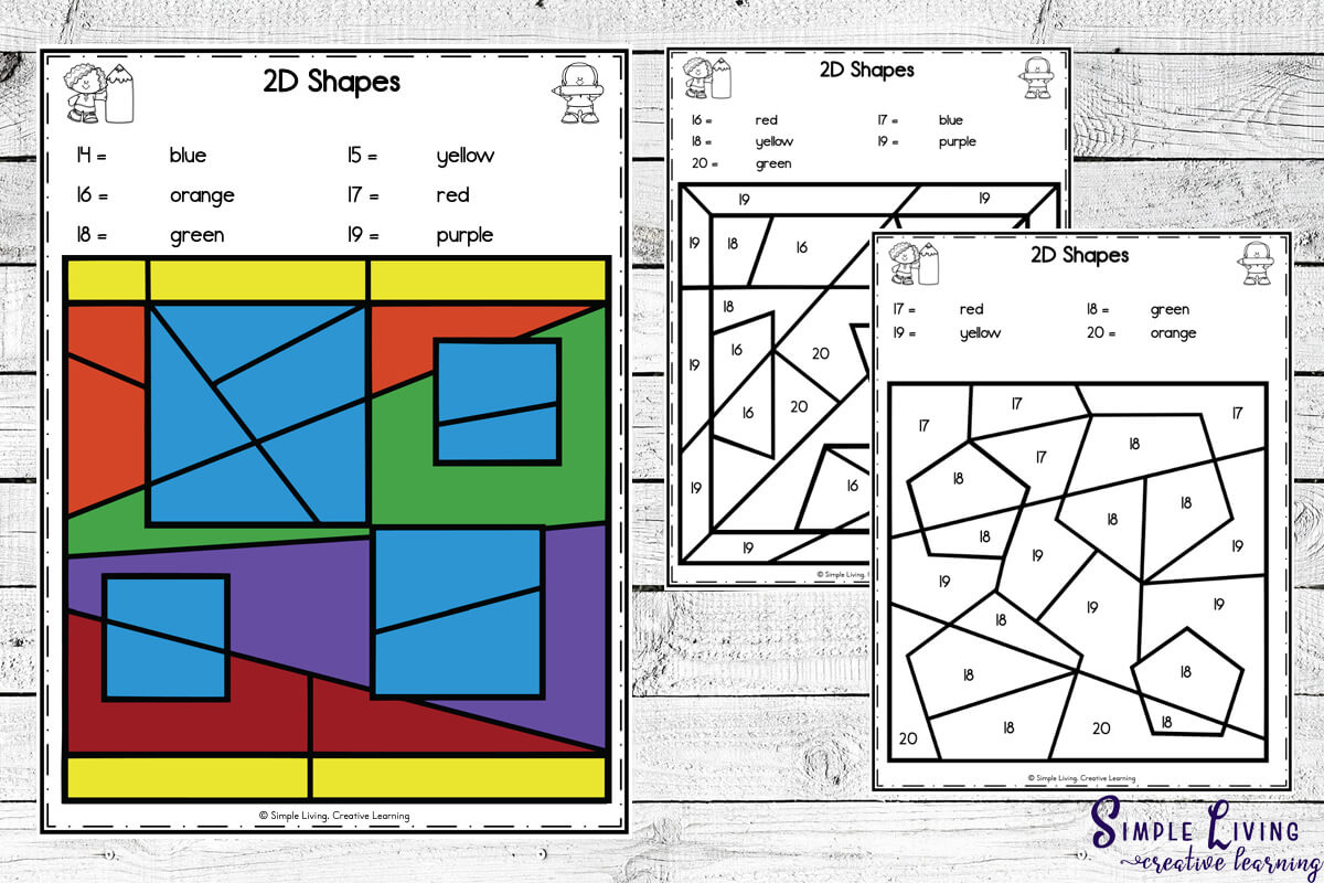 2d Shapes Colour by Code Worksheets three pages one coloured in