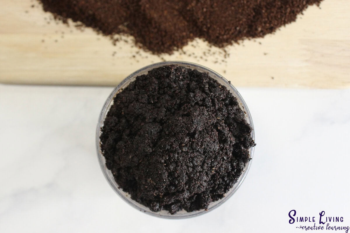 Homemade Coffee Face and Body Scrub looking down on the jar of coffee scrub