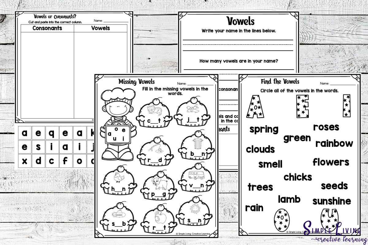 Vowel Worksheets four different pages