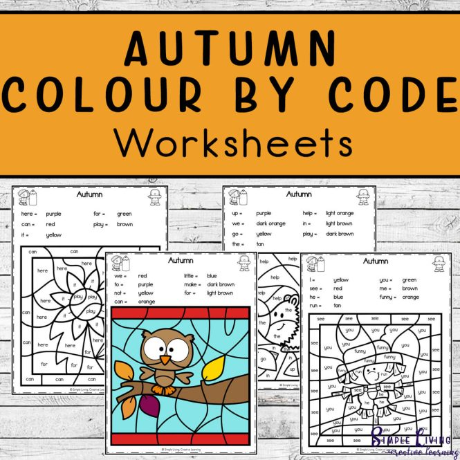 Autumn Colour By Code Worksheets three black and white pages and one completed colour page