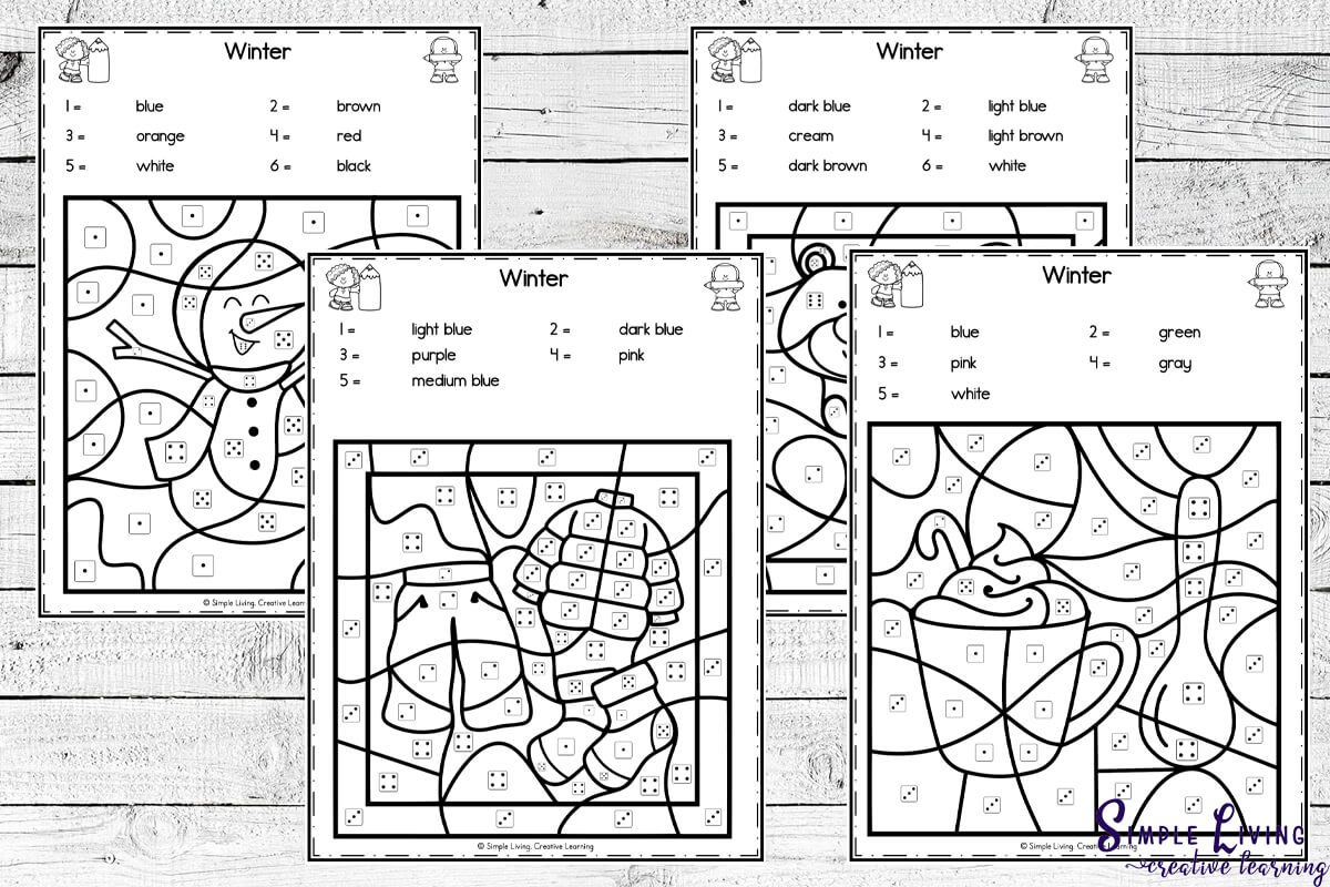 Winter Colour by Code Worksheets four black and white pages