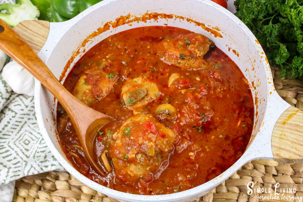 Dutch Oven Chicken Cacciatore sauce is thickened