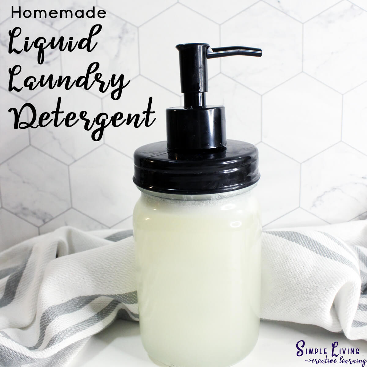Homemade Liquid Laundry Detergent in a glass jar with a black lid