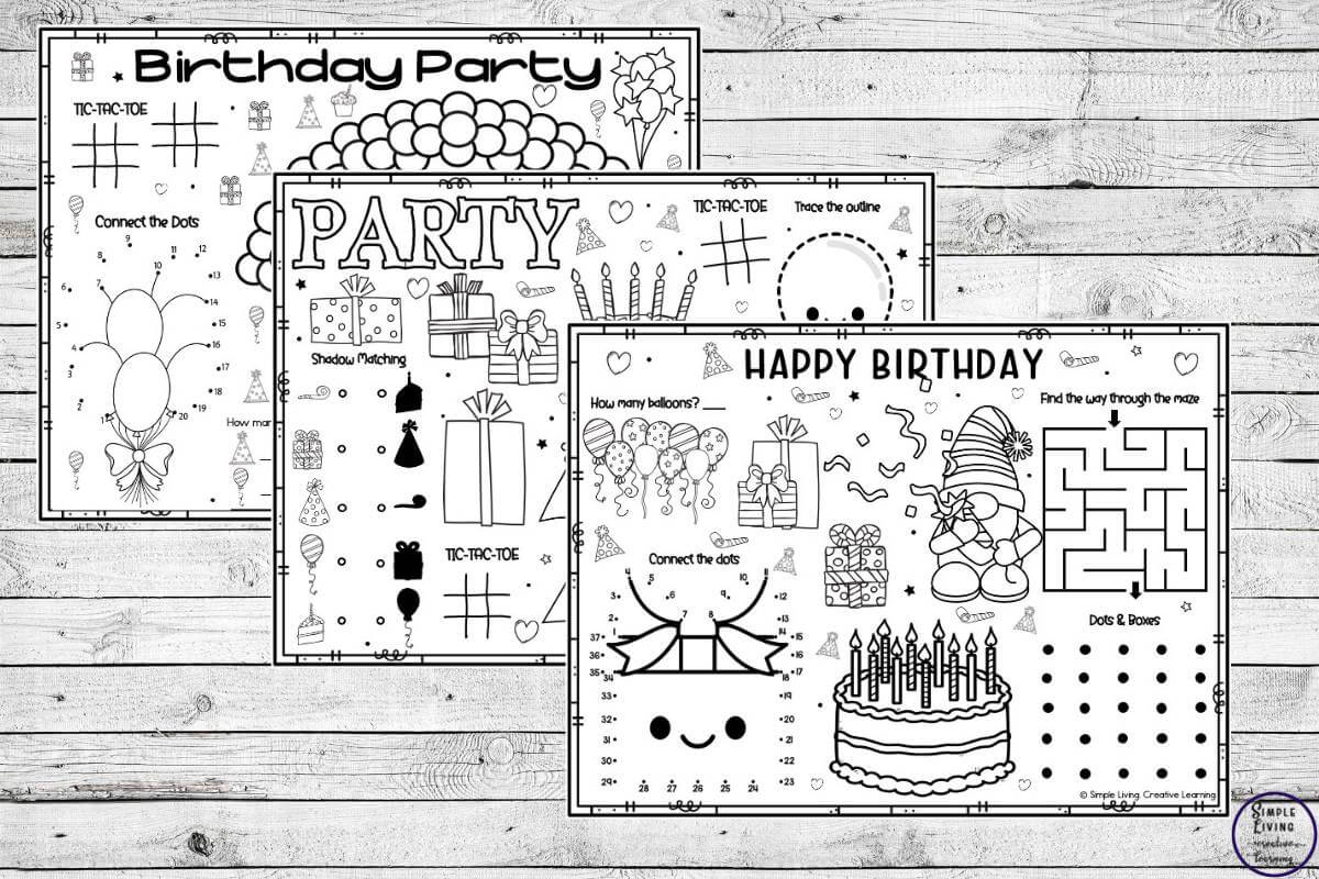 Birthday Activity Mats three different pages
