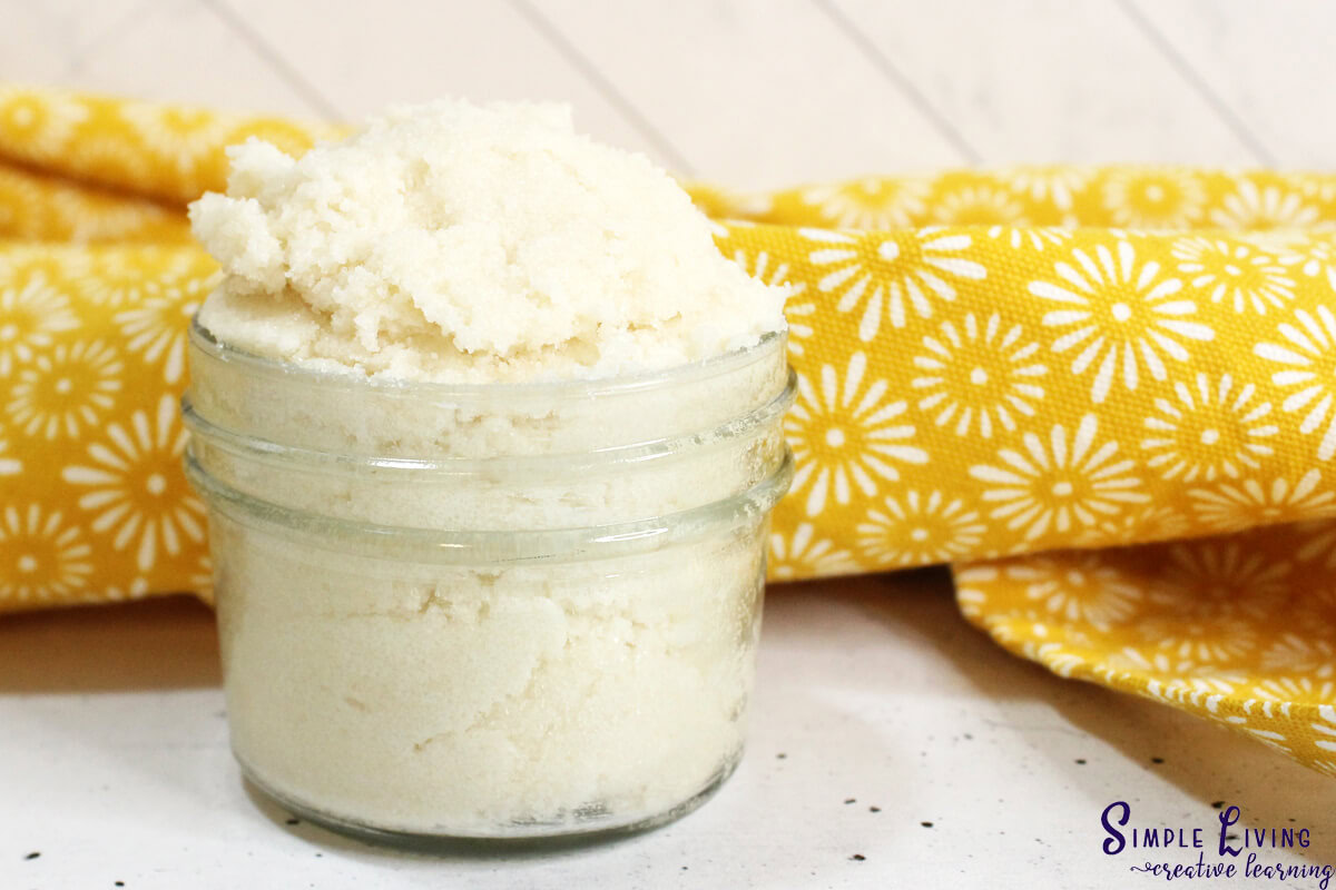Homemade Tallow Sugar Scrub in a glass jar all ready to use