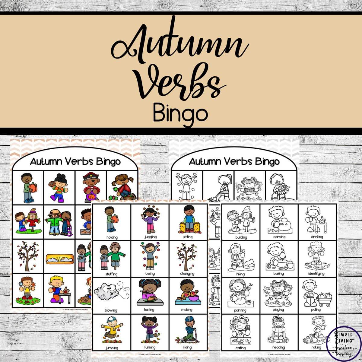 Autumn Verbs Bingo four pages